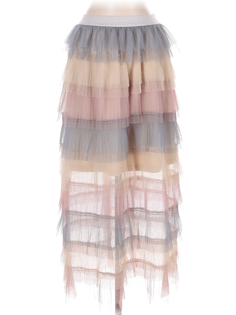 Whimsical Fairy Tiered Pleated Maxi Skirt in Pastel Peach and Light Gray